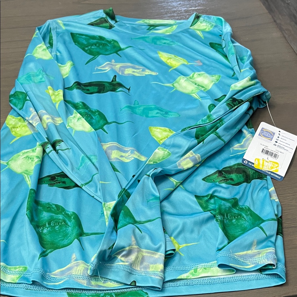 NWT! Reel Legends Aqua and Lime Rashguard. Large. Sharks